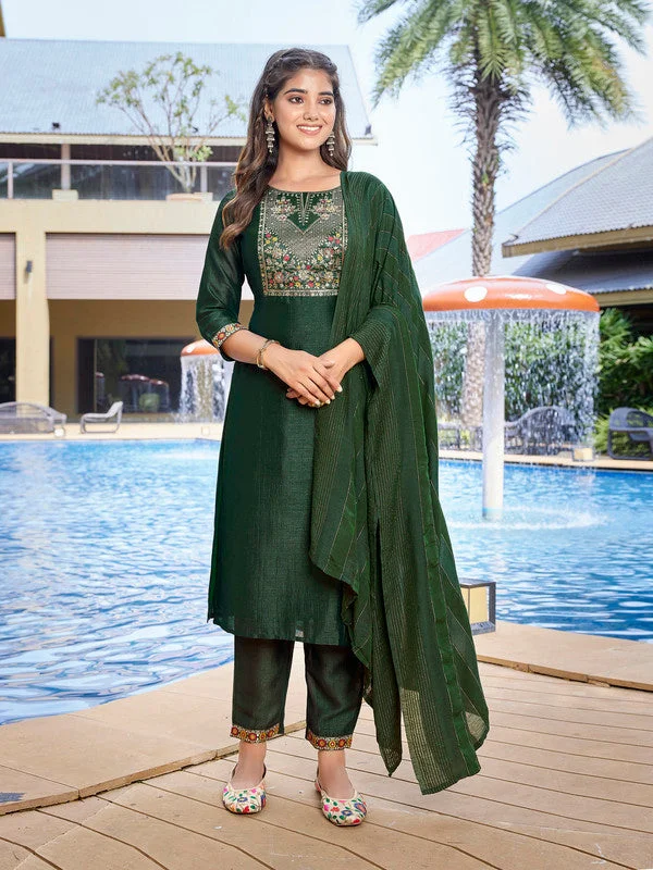 NOZ2TOZ Women's Silk Blend Solid Straight Kurta Pant With Dupatta - Bottle Green Trendy Work Pants NOZ2TOZ Women's Silk Blend Solid Straight Kurta Pant With Dupatta - Bottle Green Trendy Work Pants