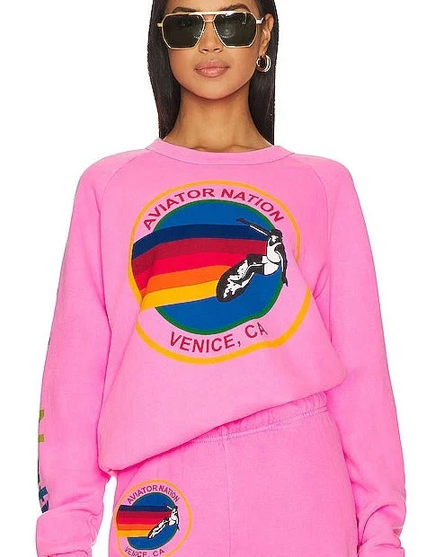 AVIATOR NATION RELAXED CREW SWEATSHIRT - NEON PINK Hoodie with Front Slit Layering Stylish