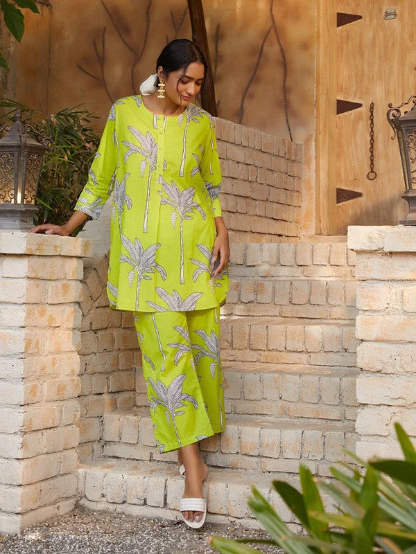 NOZ2TOZ Women's Printed A-Line Kurta With Pant Set - Lemon Green Comfortable Denim Trousers