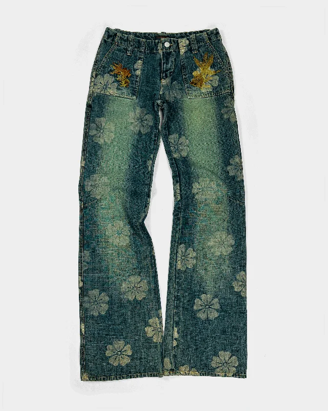 Custo Barcelona Koi-Fish Print Denim Flare Pants 2000's High-Waist Jeans