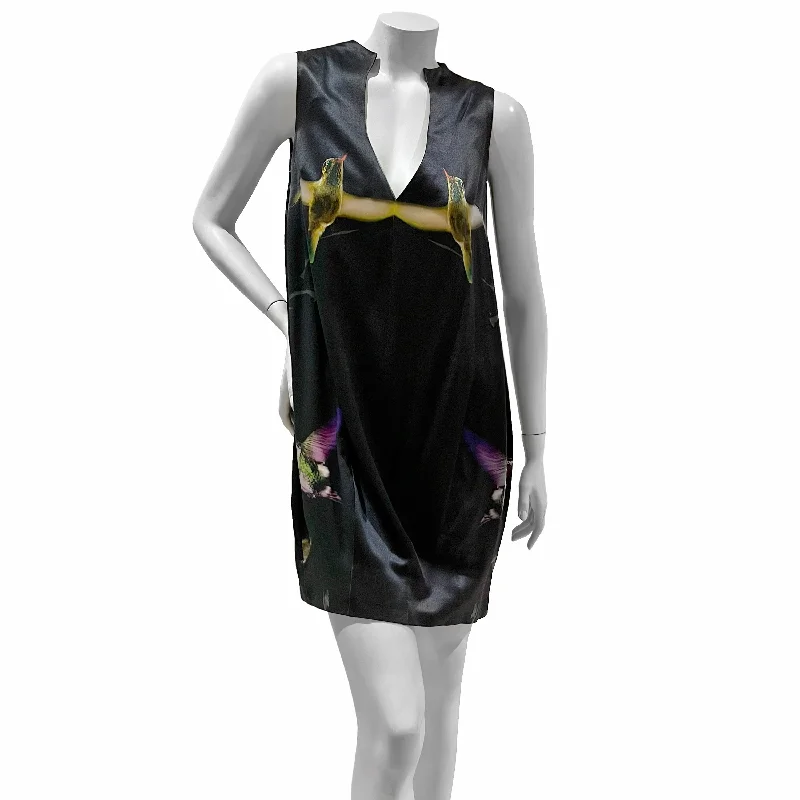 Silk Hummingbird Print Dress Shift Classic Vintage