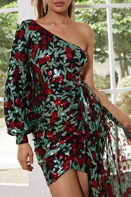 Floral Pattern Sequined Glamorous Side Train Irregular Mini Dress Stylish Plaid Mini Dress Floral Pattern Sequined Glamorous Side Train Irregular Mini Dress Stylish Plaid Mini Dress