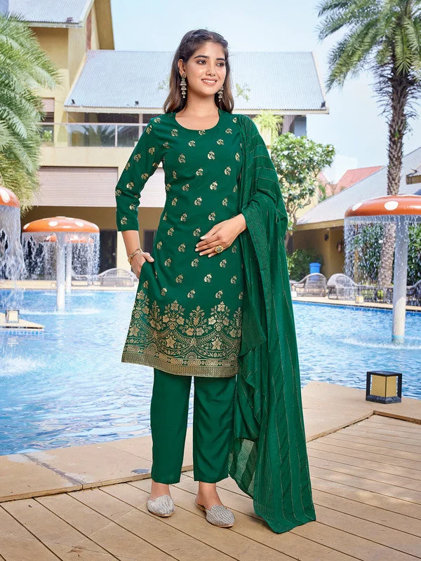 NOZ2TOZ Women's Crepe Foil Printed Straight Kurta Pant With Dupatta - Bottle Green Trendy High-Waist Trousers NOZ2TOZ Women's Crepe Foil Printed Straight Kurta Pant With Dupatta - Bottle Green Trendy High-Waist Trousers