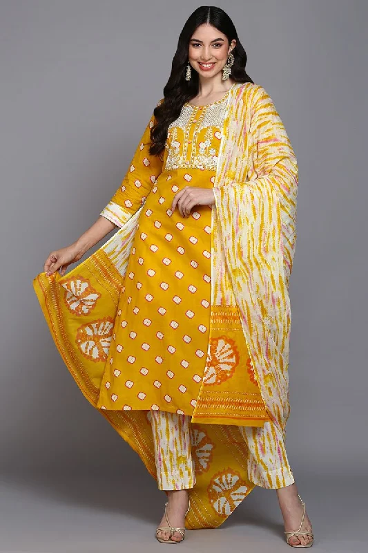 Ahika Cotton Yellow Bandhani Printed Straight Kurta Pant With Dupatta Trendy Printed Leggings Ahika Cotton Yellow Bandhani Printed Straight Kurta Pant With Dupatta Trendy Printed Leggings