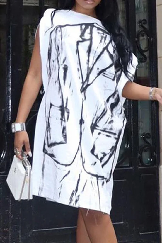 Abstract Print Stylish Boat Neck Mini Dress Fashionable Party Mini Dress
