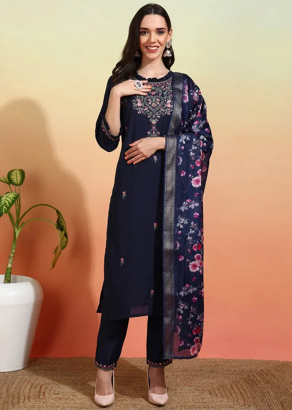 NOZ2TOZ Women's Chanderi Embroidered Straight Kurta Pant With Dupatta - Navy Blue Fashionable Button-Up Pants NOZ2TOZ Women's Chanderi Embroidered Straight Kurta Pant With Dupatta - Navy Blue Fashionable Button-Up Pants