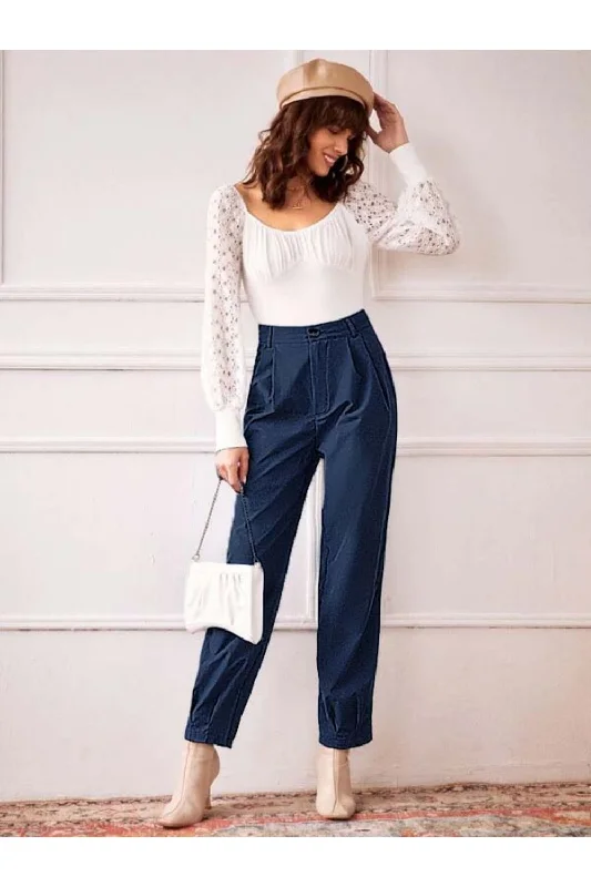 Fold Pleated Detail Denim Pants Comfy Zip-Up Pants