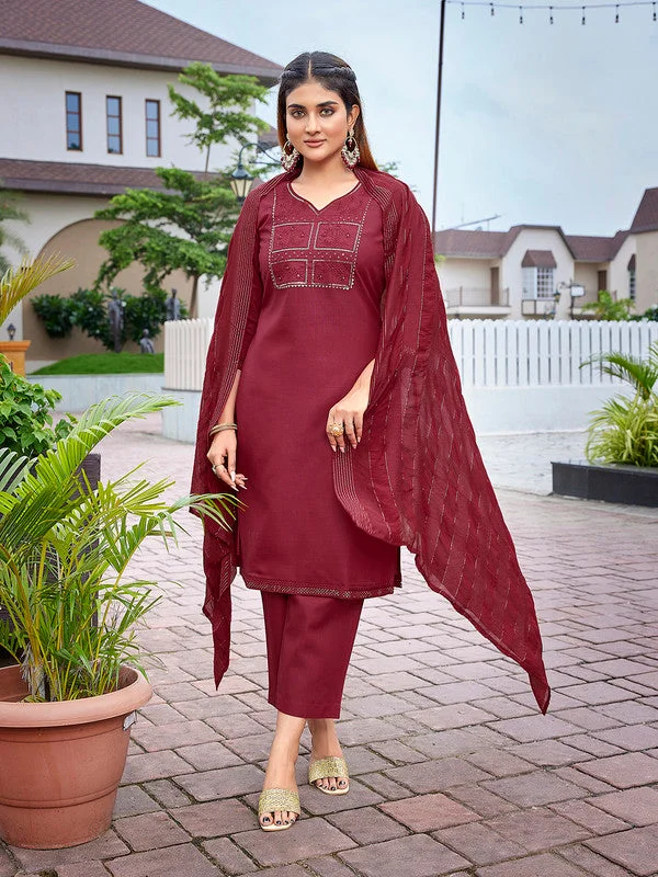 NOZ2TOZ Women's Cotton Blend Embroidered Straight Kurta Pant With Dupatta - Maroon Stylish Casual Pants NOZ2TOZ Women's Cotton Blend Embroidered Straight Kurta Pant With Dupatta - Maroon Stylish Casual Pants