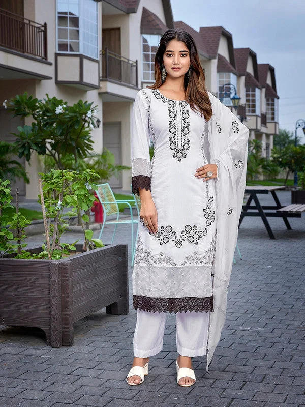 NOZ2TOZ Women's Chanderi Embroidered Straight Kurta Pant With Dupatta - White & Black Trendy Velvet Pants NOZ2TOZ Women's Chanderi Embroidered Straight Kurta Pant With Dupatta - White & Black Trendy Velvet Pants