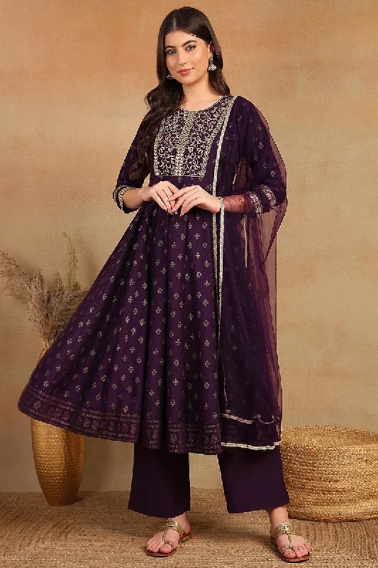 Ahika Purple Silk Blend Anarkali Kurta Pant With Dupatta Warm Wool Trousers