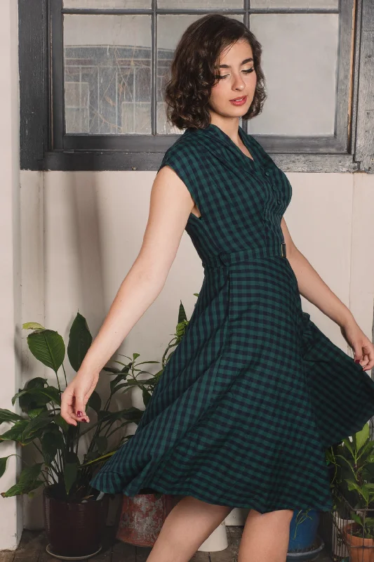 May Green & Navy Checker Dress Cowl Neckline Elegant