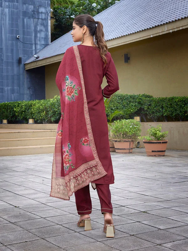 NOZ2TOZ Women's Viscose Chanderi Embroidered Straight Kurta Pant With Dupatta - Maroon Elegant Dress Pants NOZ2TOZ Women's Viscose Chanderi Embroidered Straight Kurta Pant With Dupatta - Maroon Elegant Dress Pants