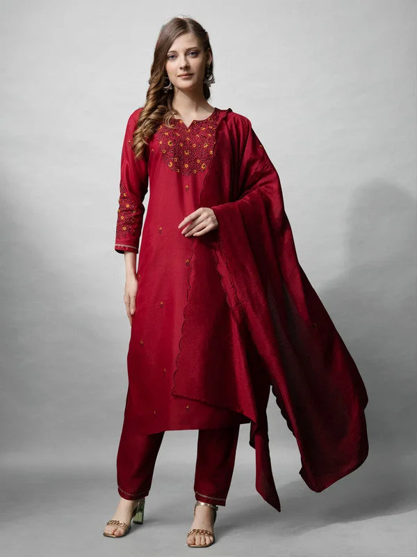 NOZ2TOZ Womens Maroon Embroidered Cotton Blend Kurta Pant Set With Dupatta Comfy Zip-Up Pants NOZ2TOZ Womens Maroon Embroidered Cotton Blend Kurta Pant Set With Dupatta Comfy Zip-Up Pants