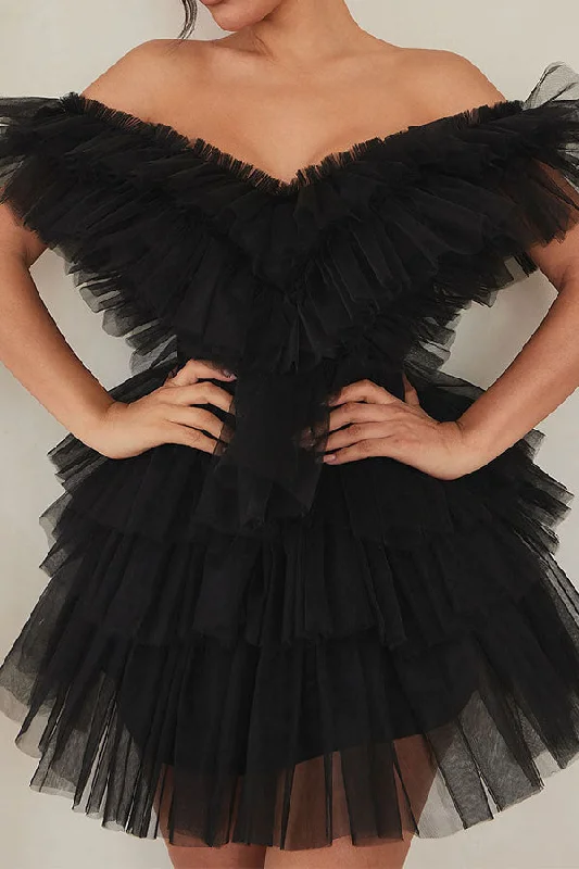 Solid Color Tulle Glamorous Tiered Mini Dress Elegant Mini Dress with Pleats