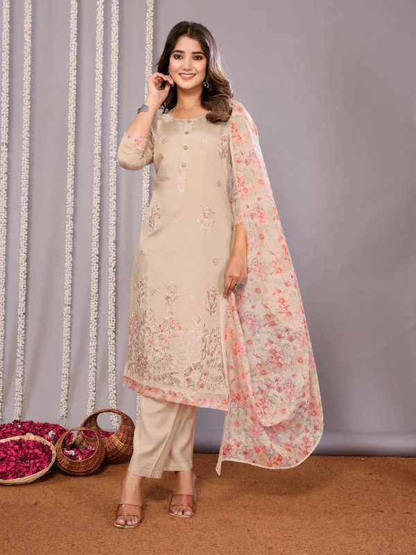 NOZ2TOZ Women's Embroidered Straight Kurta Pant With Dupatta - Beige Cozy Jogger Leggings NOZ2TOZ Women's Embroidered Straight Kurta Pant With Dupatta - Beige Cozy Jogger Leggings