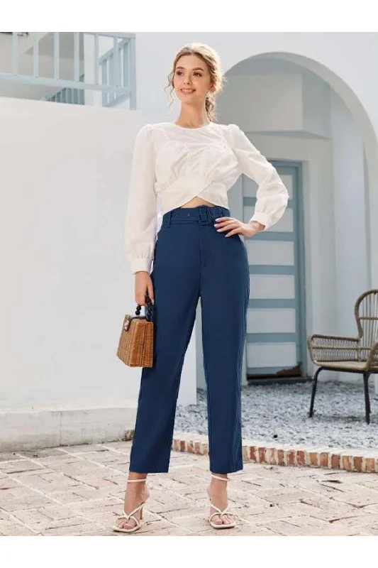 High-Rise Belted Tailored Denim Pants Cozy Full-Length Pants