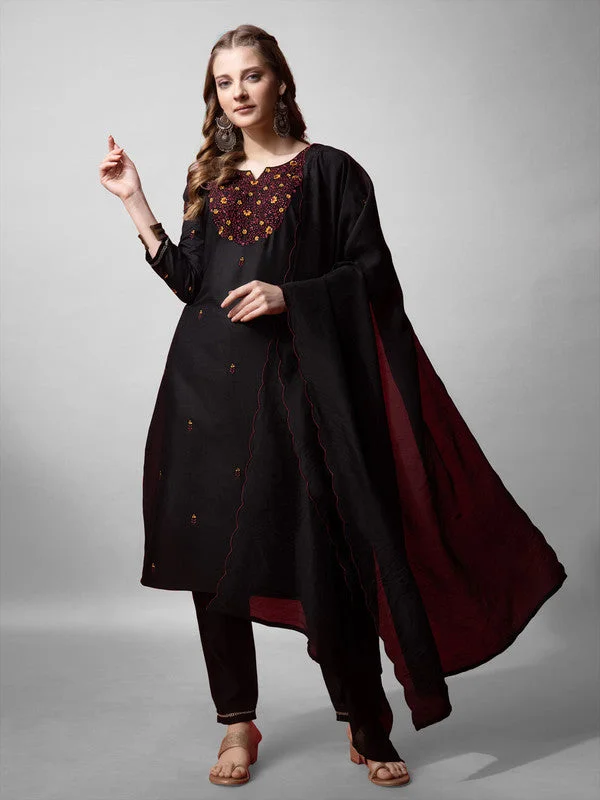NOZ2TOZ Womens Black Embroidered Cotton Blend Kurta Pant Set With Dupatta Soft Cotton Pants NOZ2TOZ Womens Black Embroidered Cotton Blend Kurta Pant Set With Dupatta Soft Cotton Pants