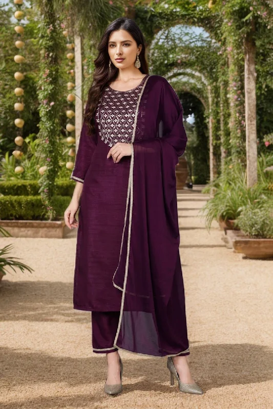 Ahika Silk Blend Purple Embroidered Straight Kurta Pant With Dupatta Elegant Wool Trousers
