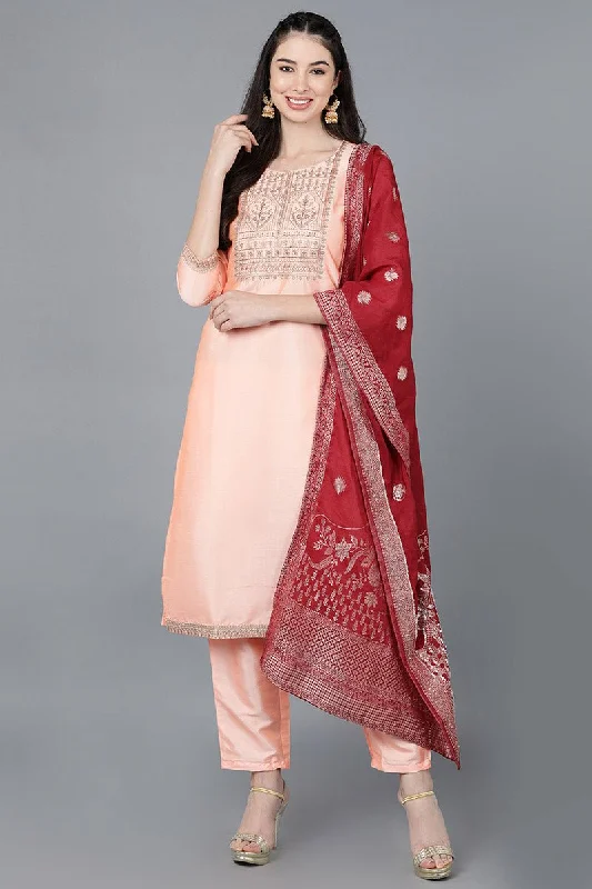 Ahika Peach Poly Silk A-Line Kurta Pant With Dupatta Classic Straight Pants
