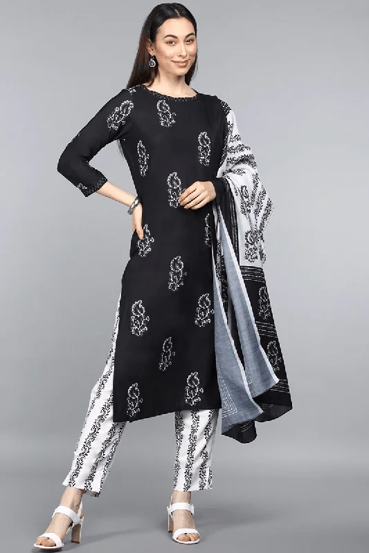Ahika Black Crepe Ethnic Motifs Printed Straight Kurta Pant Dupatta Set Fashionable Tapered Leg Pants Ahika Black Crepe Ethnic Motifs Printed Straight Kurta Pant Dupatta Set Fashionable Tapered Leg Pants