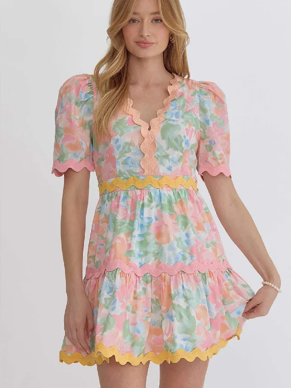 Floral Pink and Peach Ric Rac Trim Dress Tunics Wedding white