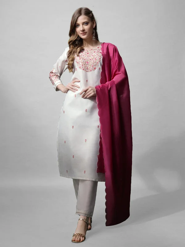 NOZ2TOZ Womens White Embroidered Cotton Blend Kurta Pant Set With Dupatta Trendy Wide-Leg Pants NOZ2TOZ Womens White Embroidered Cotton Blend Kurta Pant Set With Dupatta Trendy Wide-Leg Pants