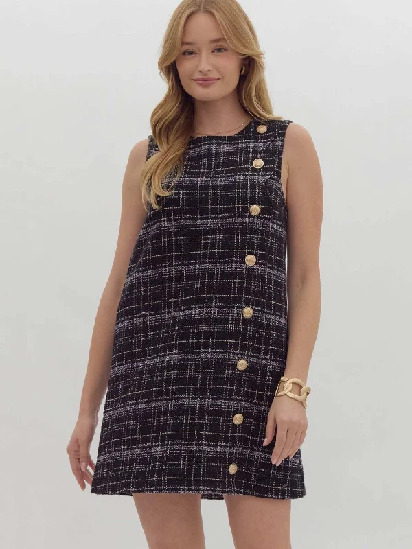 Tweed Plaid Gold Button Dress Tunics Versatile all-occasion