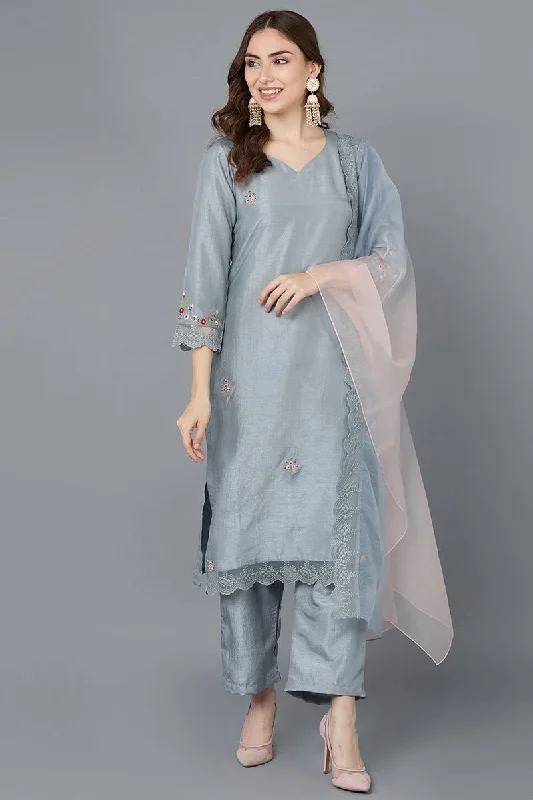 Ahika Grey Poly Silk Straight Kurta Pant With Dupatta Comfortable Jogging Pants