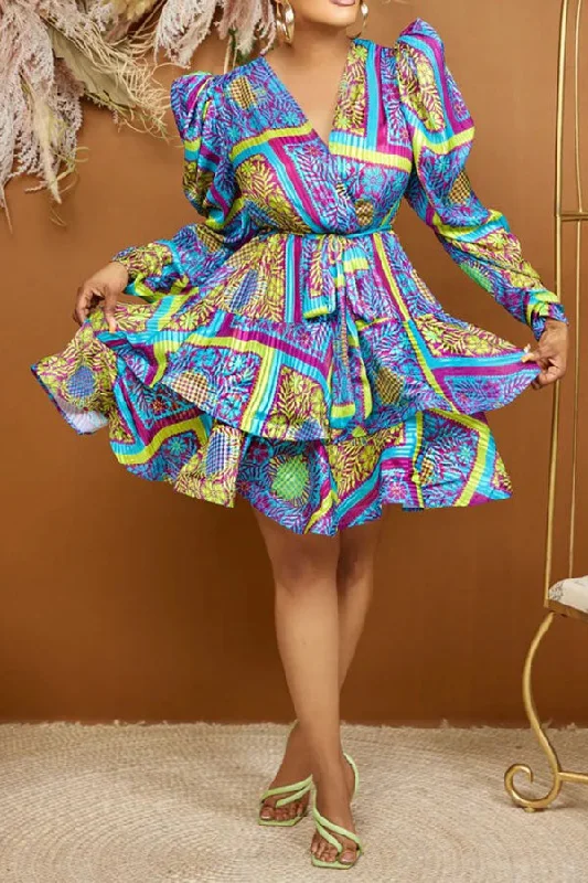 Floral Print Retro Belted Tiered Bubble Mini Dress Stylish Floral Print Mini Dress