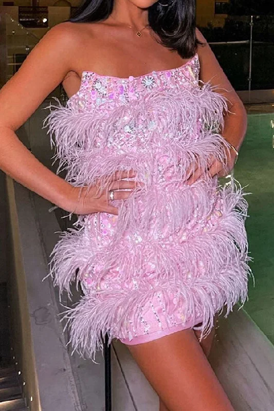 Feather Patchwork Luxe Sequined Mini Dress Chic Tropical Mini Dress