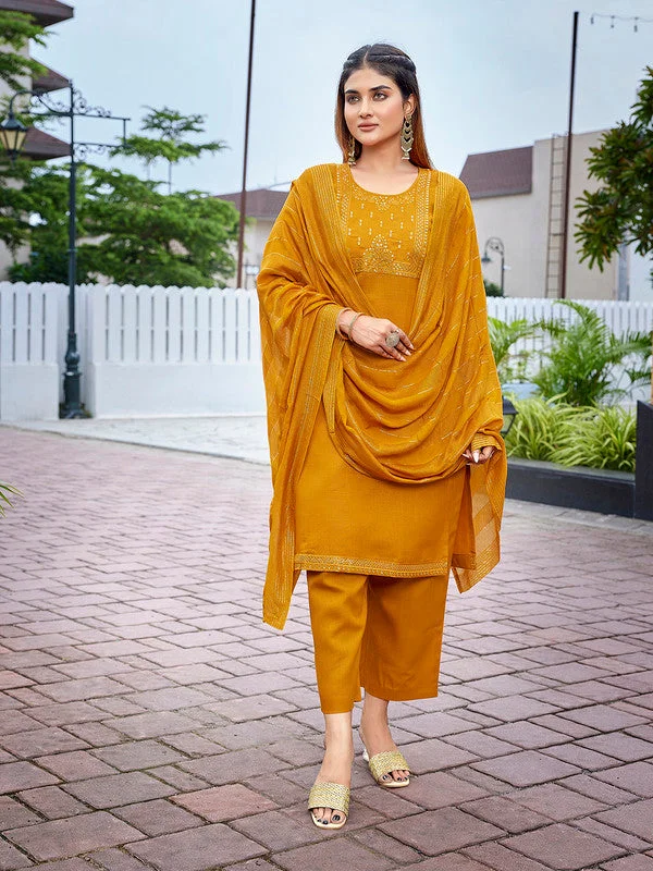 NOZ2TOZ Women's Cotton Blend Embroidered Straight Kurta Pant With Dupatta - Mustard Casual Yoga Pants NOZ2TOZ Women's Cotton Blend Embroidered Straight Kurta Pant With Dupatta - Mustard Casual Yoga Pants