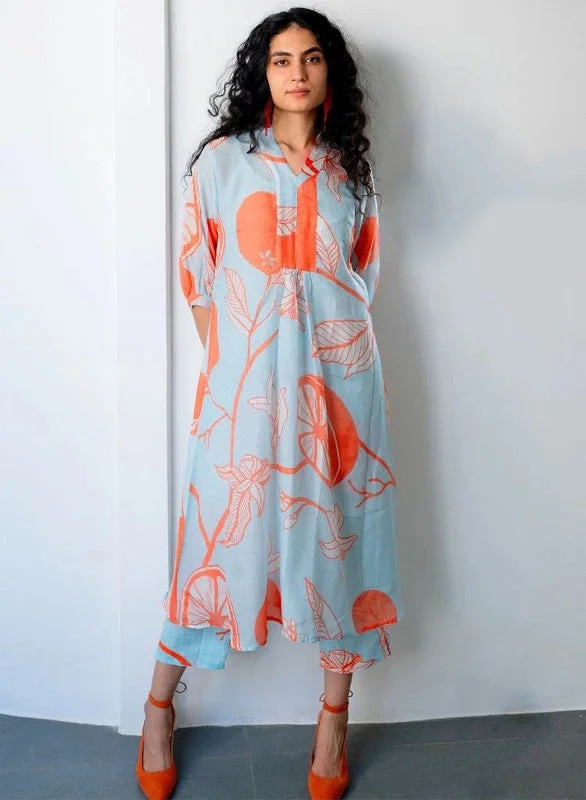 NOZ2TOZ Women's Viscose Floral Printed Flared Kurta With Pant Set - Sky Blue & Orange Formal Wide-Leg Pants NOZ2TOZ Women's Viscose Floral Printed Flared Kurta With Pant Set - Sky Blue & Orange Formal Wide-Leg Pants