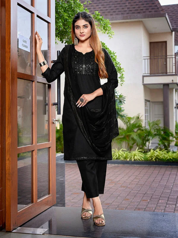 NOZ2TOZ Women's Cotton Blend Embroidered Straight Kurta Pant With Dupatta - Black High-Waist Jeans NOZ2TOZ Women's Cotton Blend Embroidered Straight Kurta Pant With Dupatta - Black High-Waist Jeans