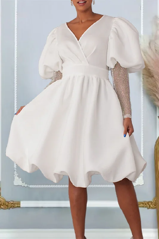 Patchwork Classic Puff Sleeve Bubble Mini Dress Stylish Plaid Mini Dress