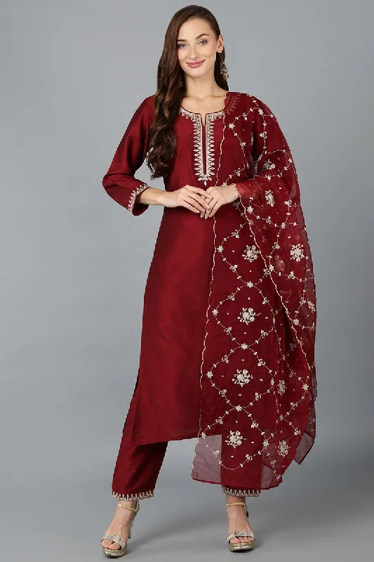 Ahika Maroon Silk Blend Straight Kurta Pant With Dupatta Cozy Jogger Leggings