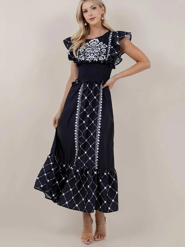 Black and White Midi Ruffle Dress Pencil Office Professional