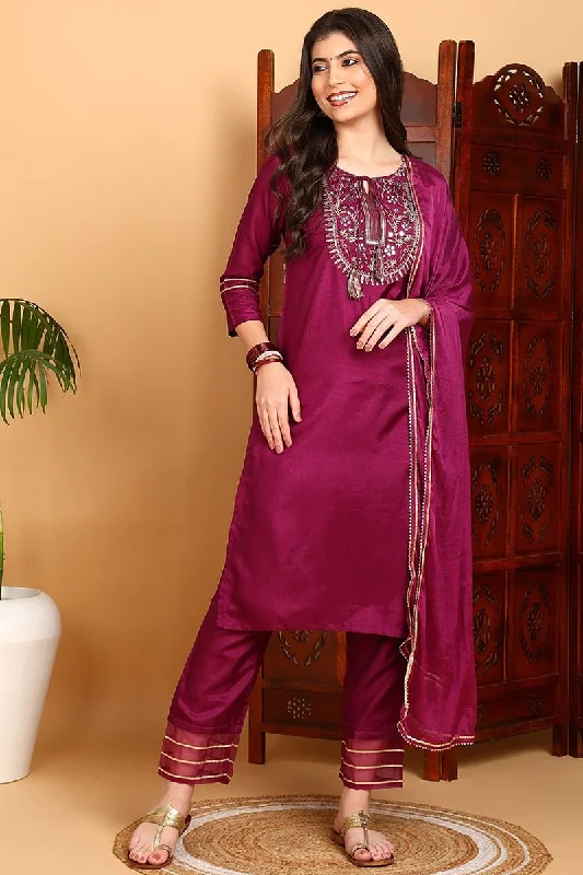 Ahika Silk Blend Purple Embroidered Straight Kurta Pant With Dupatta Lightweight Jogger Pants Ahika Silk Blend Purple Embroidered Straight Kurta Pant With Dupatta Lightweight Jogger Pants
