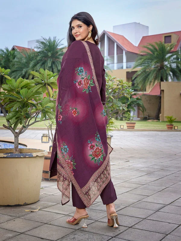 NOZ2TOZ Women's Viscose Chanderi Embroidered Straight Kurta Pant With Dupatta - Wine Fashionable Jogger Pants NOZ2TOZ Women's Viscose Chanderi Embroidered Straight Kurta Pant With Dupatta - Wine Fashionable Jogger Pants