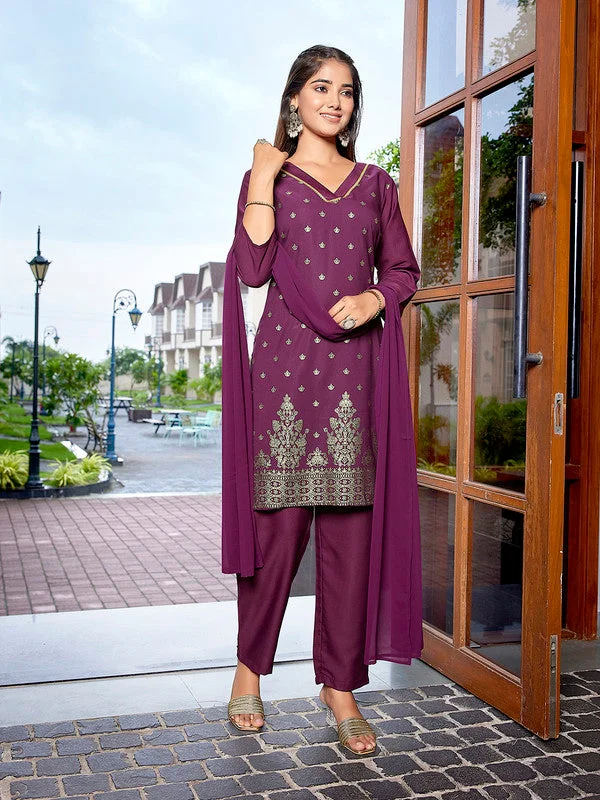 NOZ2TOZ Women's Crepe Printed Straight Kurta Pant With Dupatta - Purple Trendy Work Pants NOZ2TOZ Women's Crepe Printed Straight Kurta Pant With Dupatta - Purple Trendy Work Pants