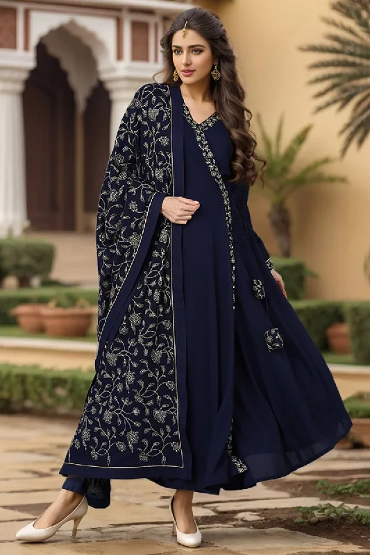 Ahika Prussian Blue Poly Georgette Angrakha Pant With Dupatta Comfortable Jogging Pants Ahika Prussian Blue Poly Georgette Angrakha Pant With Dupatta Comfortable Jogging Pants