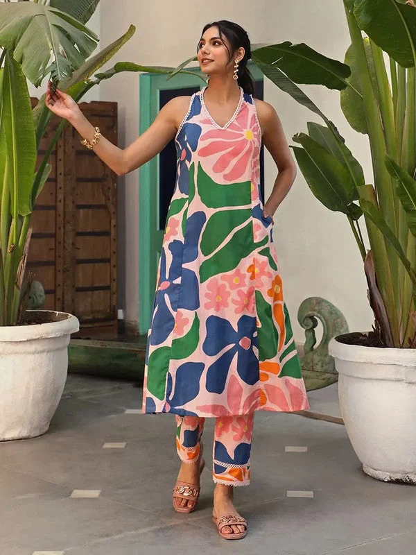 NOZ2TOZ Women's Viscose Floral Printed Anarkali Kurta With Pant Set - Pink & Green Modern Skinny Pants NOZ2TOZ Women's Viscose Floral Printed Anarkali Kurta With Pant Set - Pink & Green Modern Skinny Pants