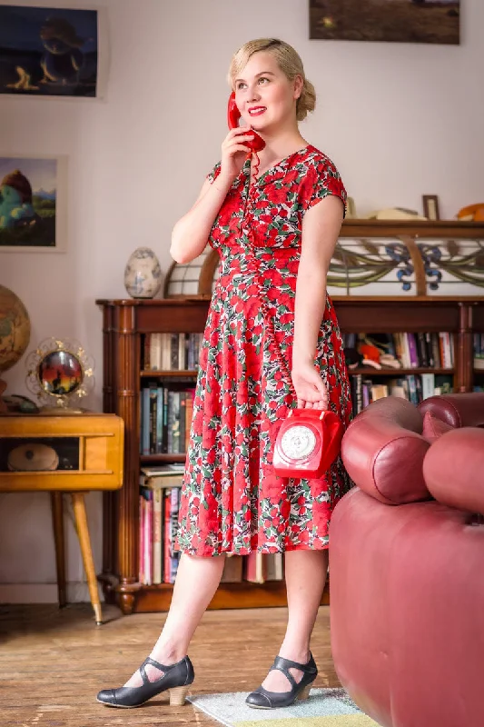 Dakota Red & Green Floral Dress Turtleneck Warm Winter