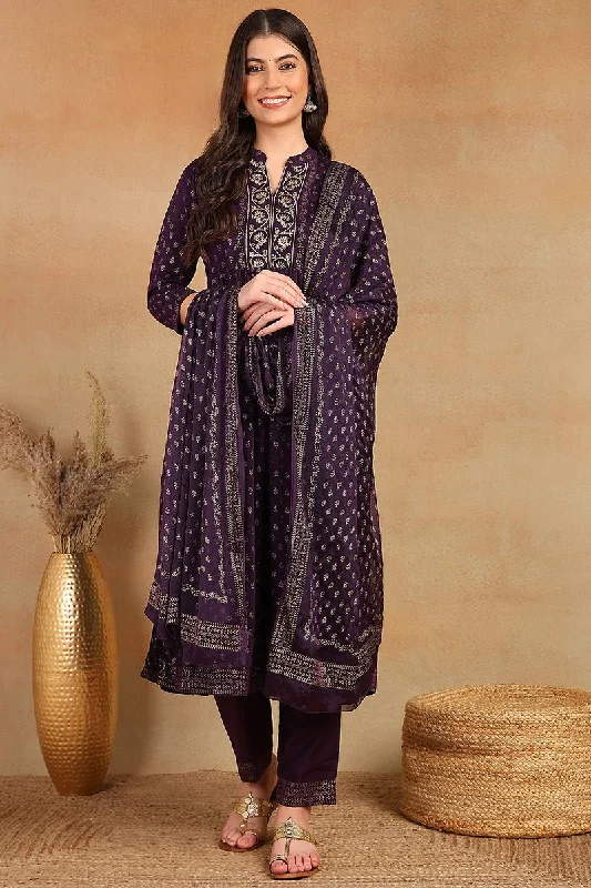 Ahika Purple Silk Blend Anarkali Kurta Pant With Dupatta Soft Stretch Pants