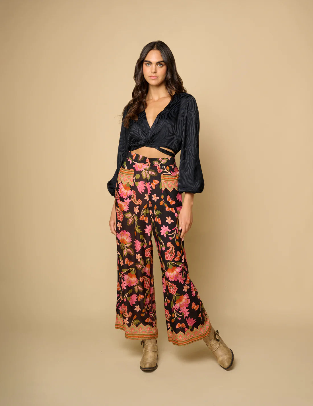 Black Floral Print Pants Fashionable Button-Up Pants