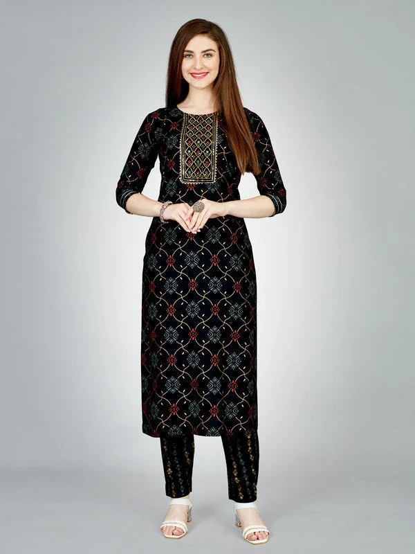 NOZ2TOZ Women Embroidered Rayon Kurta Pant Set - Black High-Waist Trousers