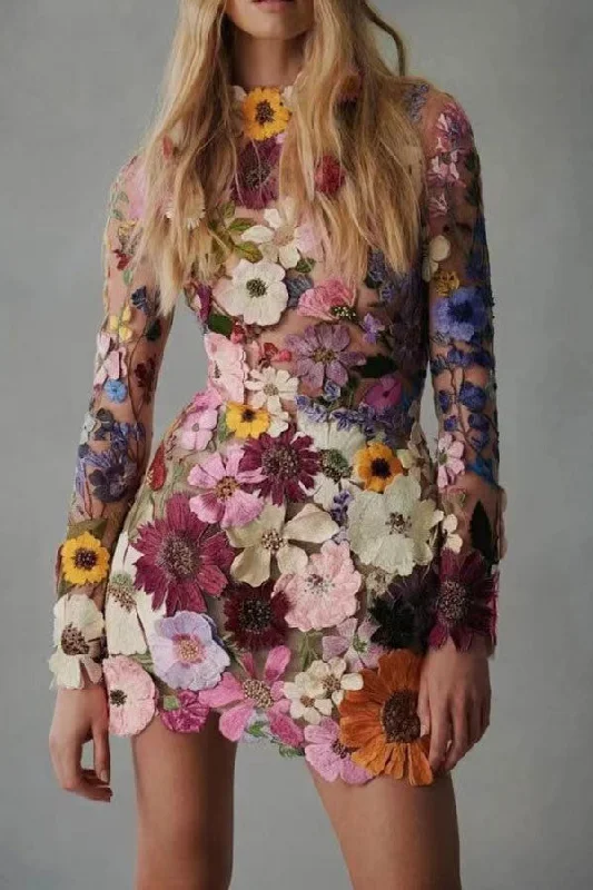 3D Floral Embroidery Stunning Mini Dress Stylish Ruffle Mini Dress