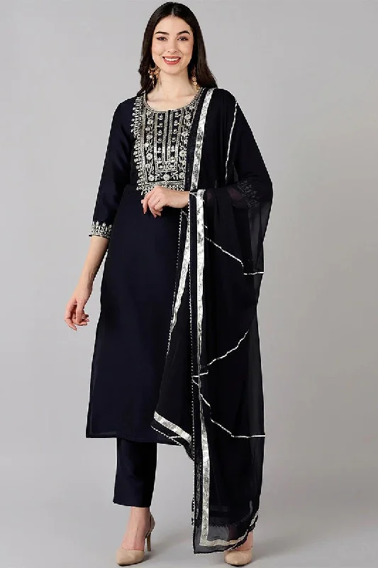 Ahika Navy Blue Polyester Straight Kurta Pant With Dupatta Chic Wool Trousers