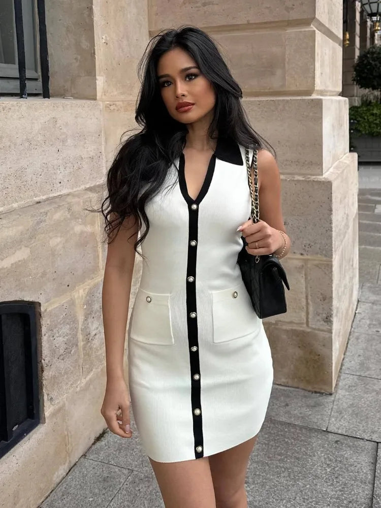 Wjczt Summer Buttoned Knit Mini Dress Women Sexy V-neck Bodycon Holidays Dress Fashion Sleeveless Elegant Dress Partywear 2024 White Fashionable Summer Mini Dress Wjczt Summer Buttoned Knit Mini Dress Women Sexy V-neck Bodycon Holidays Dress Fashion Sleeveless Elegant Dress Partywear 2024 White Fashionable Summer Mini Dress