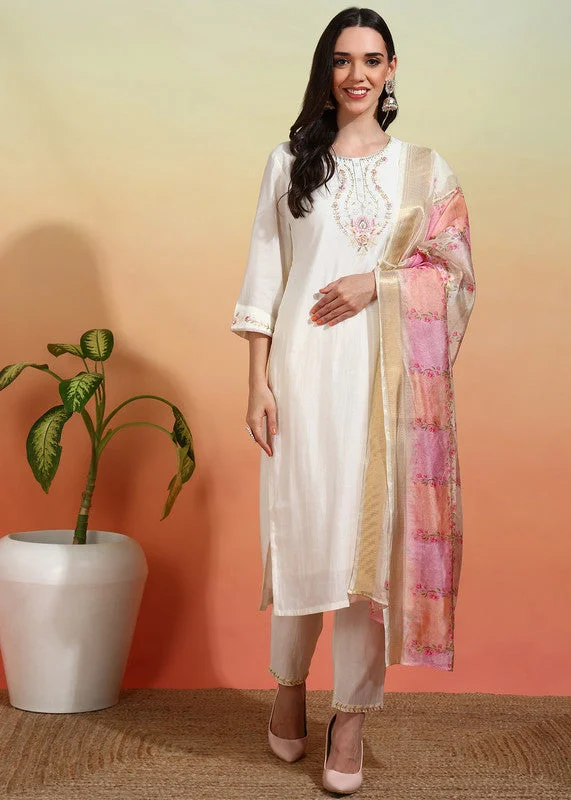 NOZ2TOZ Women's Chanderi Embroidered Straight Kurta Pant With Dupatta - White Trendy Tapered Pants