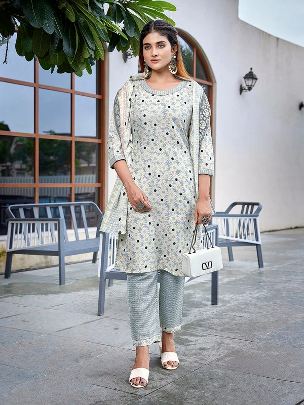 NOZ2TOZ Women's Cotton Blend Printed Straight Kurta Pant With Dupatta - Grey & White Soft Stretch Trousers NOZ2TOZ Women's Cotton Blend Printed Straight Kurta Pant With Dupatta - Grey & White Soft Stretch Trousers